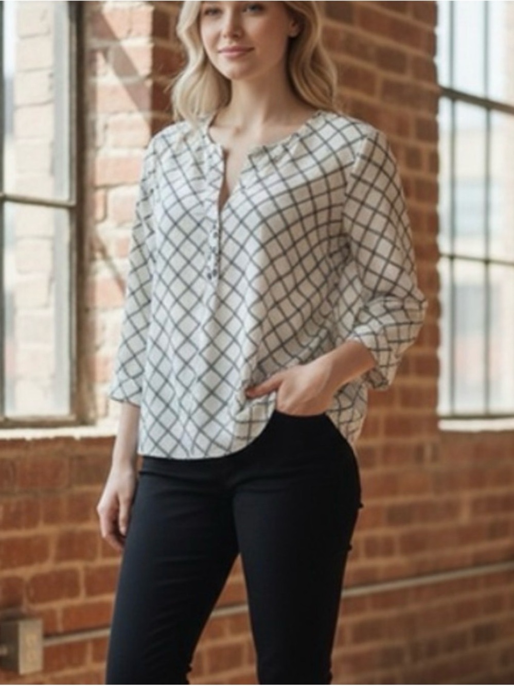 Joie Cream Blouse with Black Windowpane Check